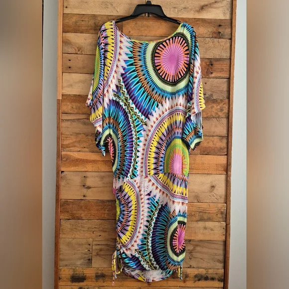 Lascana Venus Convertible Mini Dress XL Cover Up Drawstring Ruching Boho Tribal - Picture 4 of 15